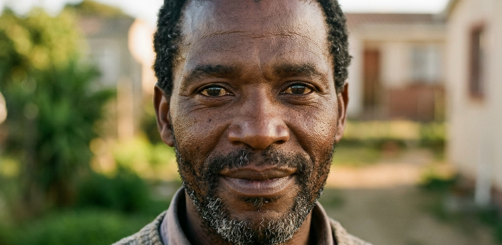 Middle-aged man with short curly hair and beard smiling outdoors