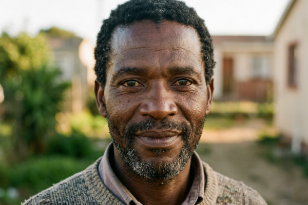 Middle-aged man with short curly hair and beard smiling outdoors